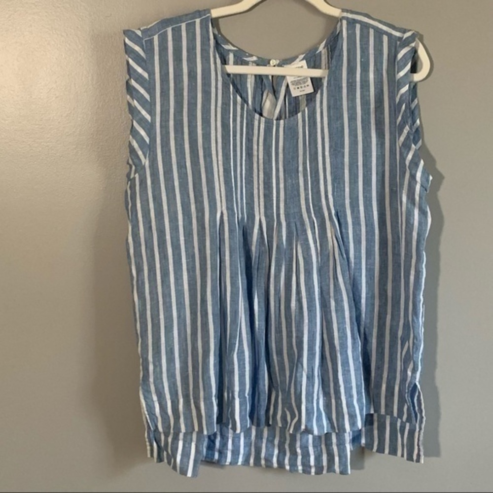 Lands End Linen Pleated Cap Sleeve Blue Stripe Shirt Womens Size 12